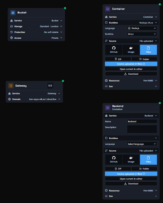 Bucket, gateway and container nodes on the canvas