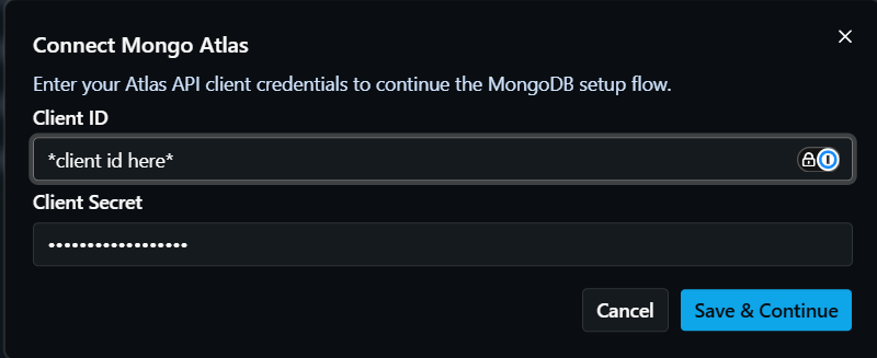 Mongo credentials setup modal